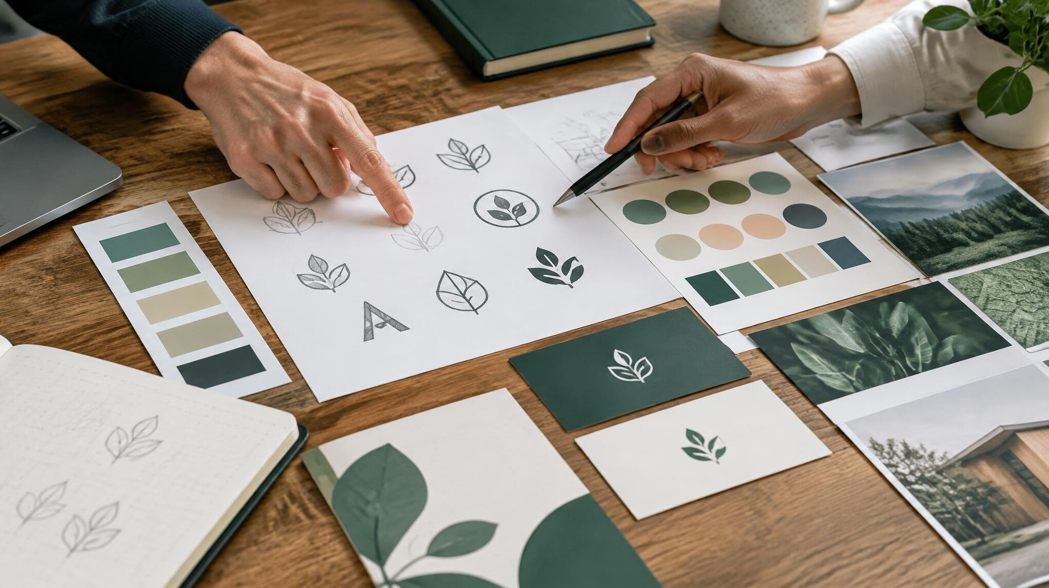 Team reviewing a brand identity mood board on a table