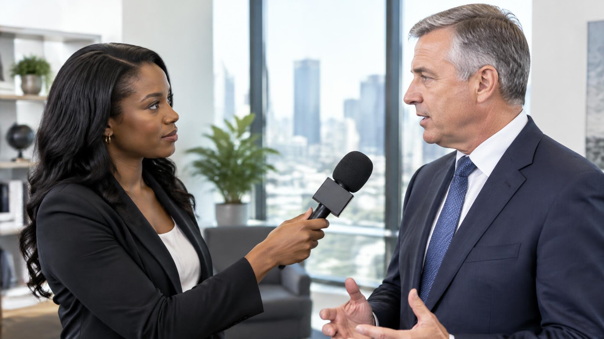 Journalist interviewing a business executive with a microphone