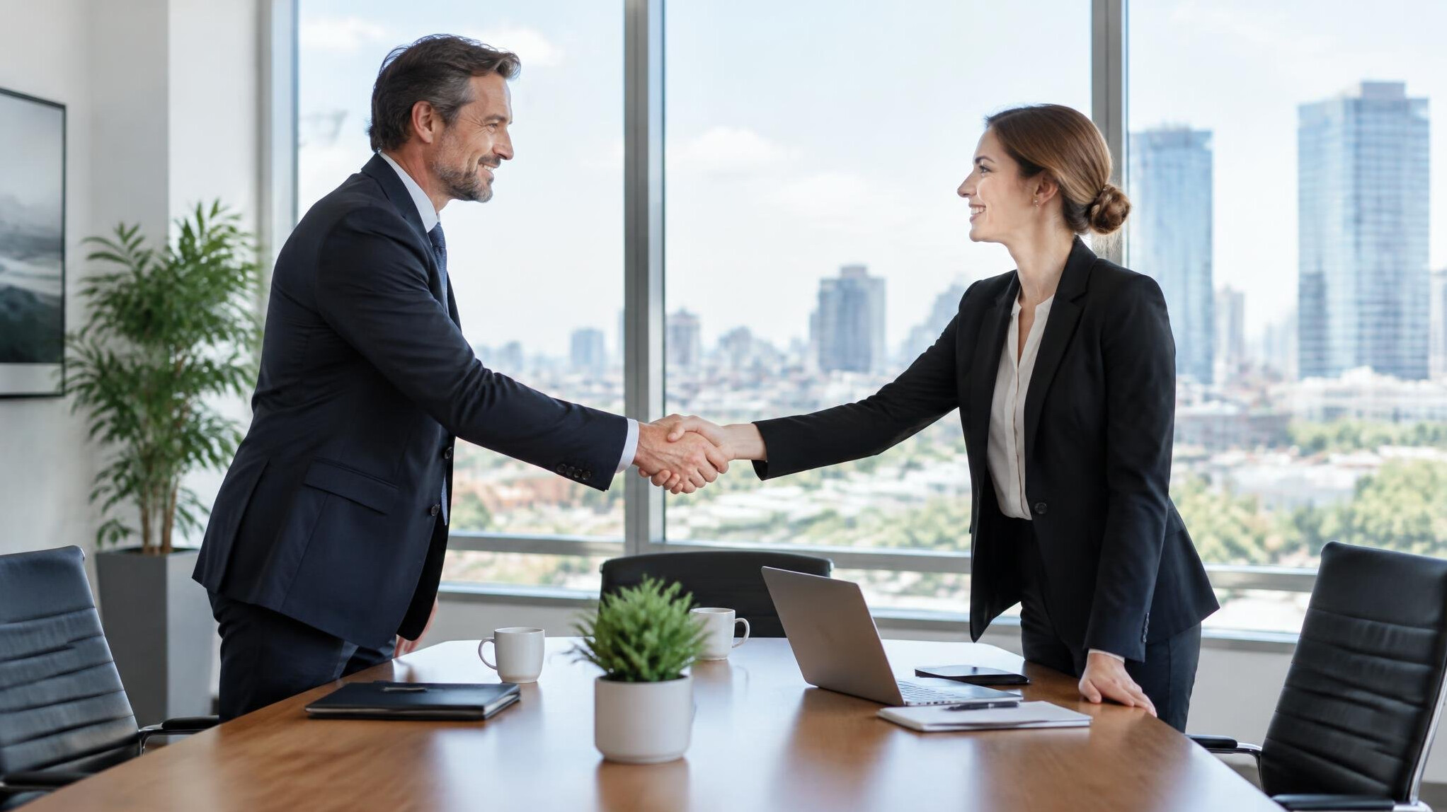 Two business professionals shaking hands during a negotiation meeting