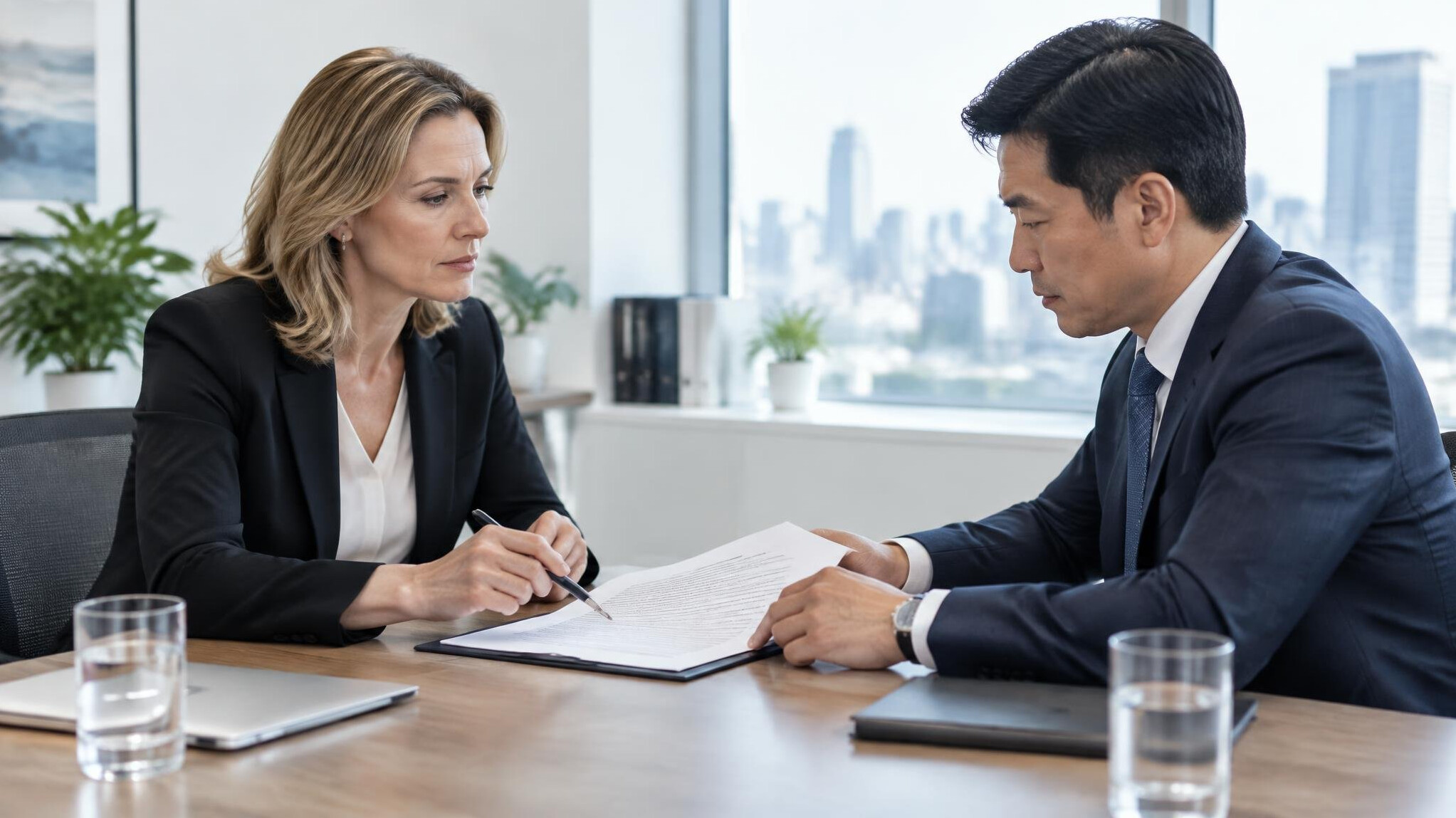 Two businesspeople negotiating over a contract at a table