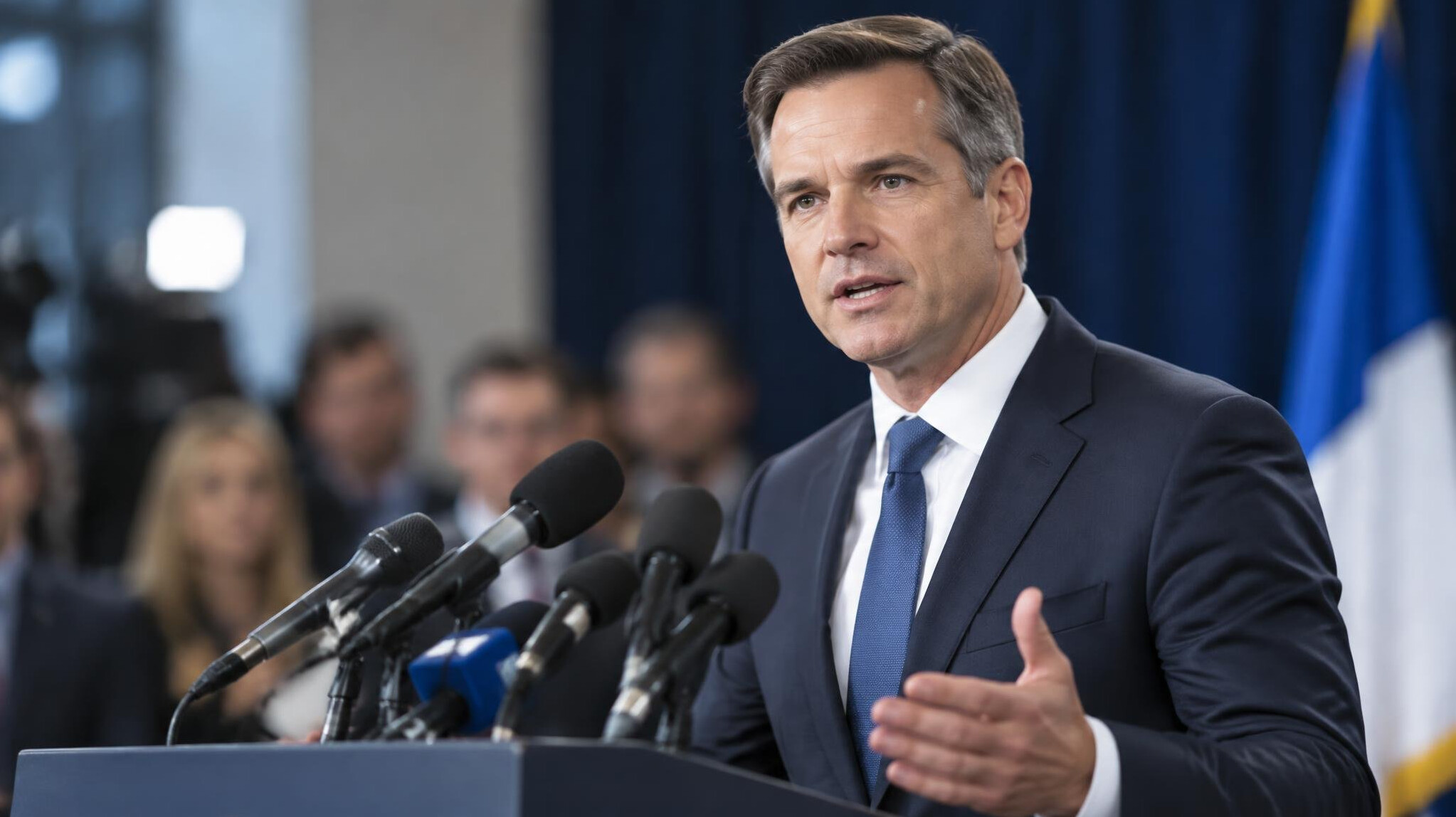 Spokesperson speaking at a press conference with microphones