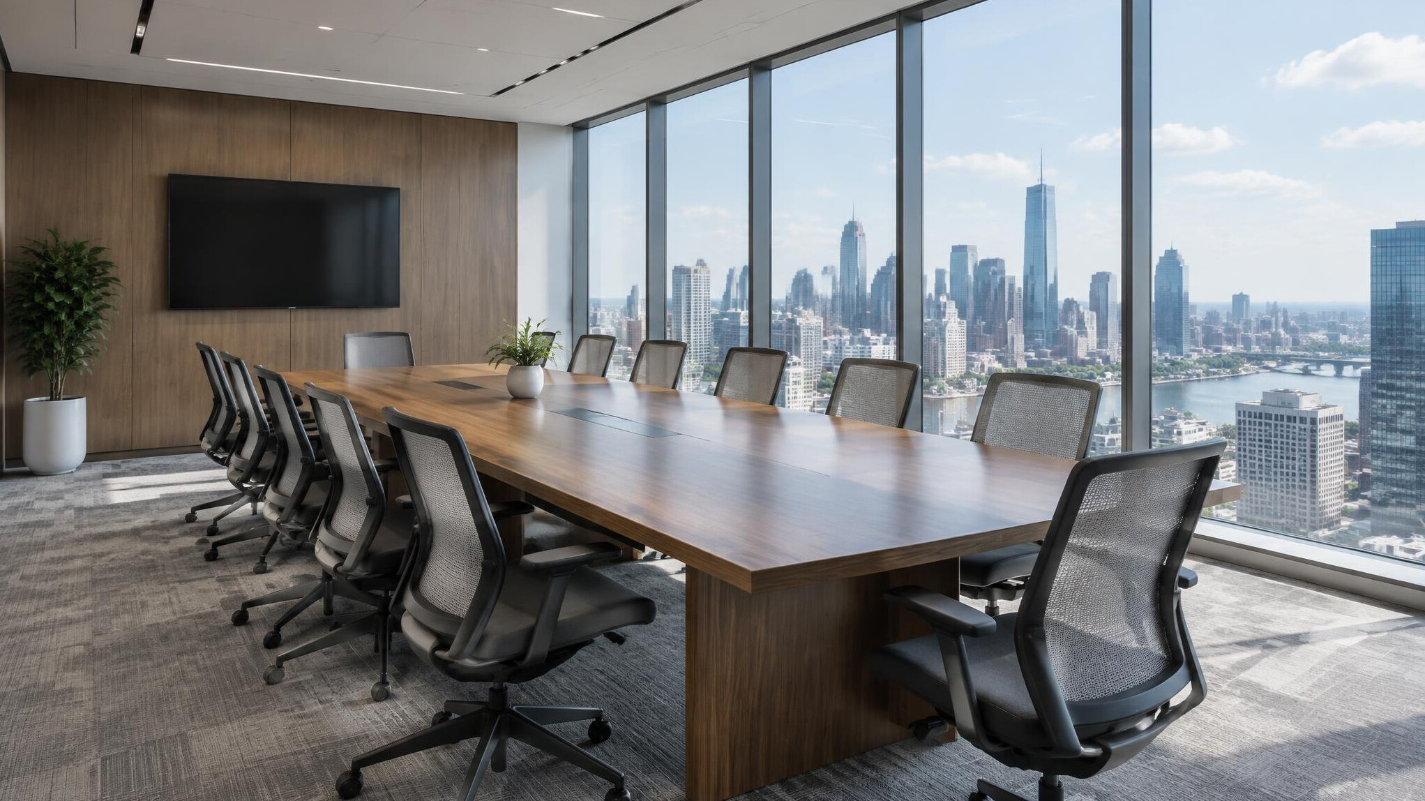 Modern conference room with large table and city view