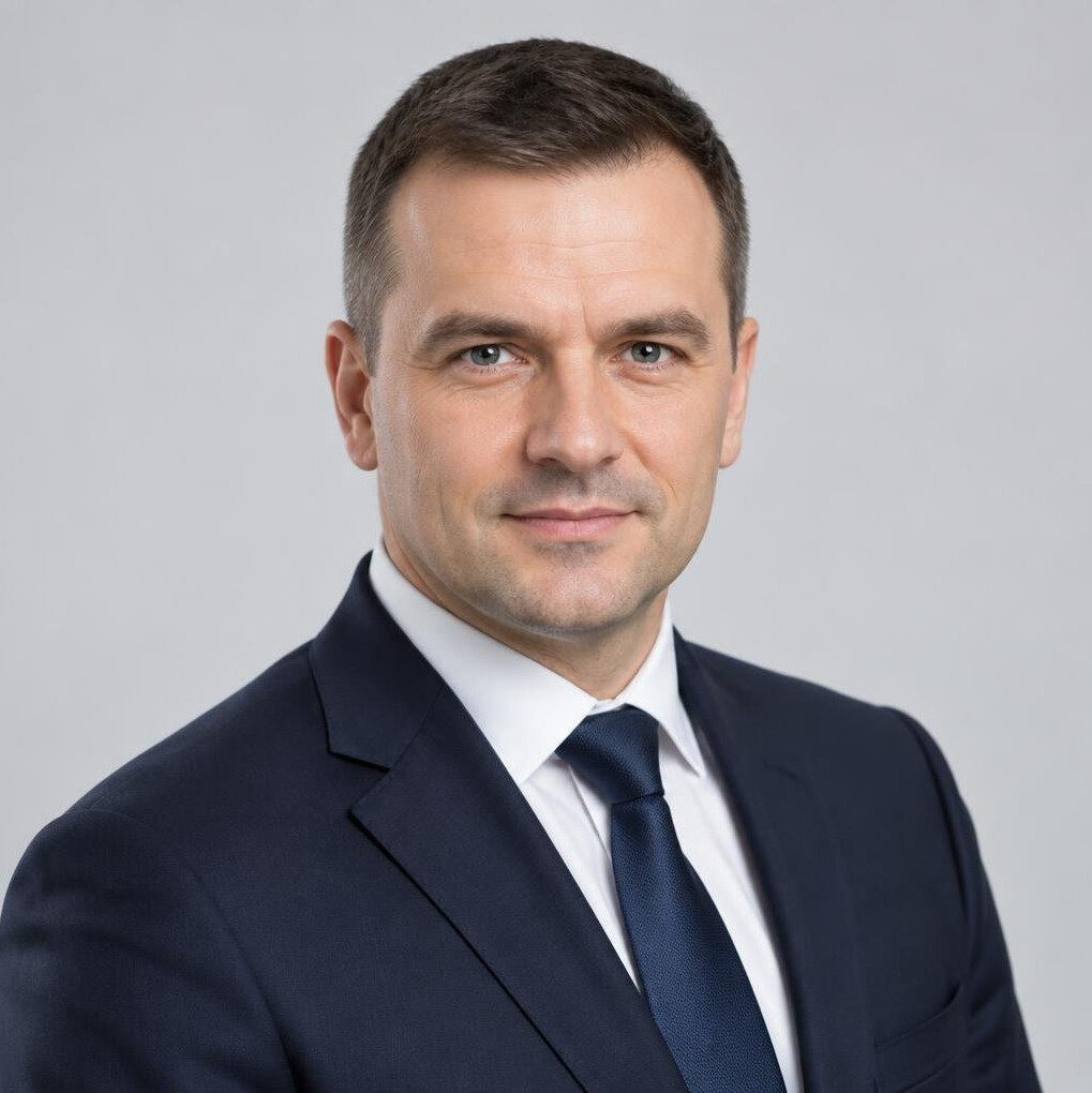 Studio portrait of a Polish businessman in his 40s wearing a suit