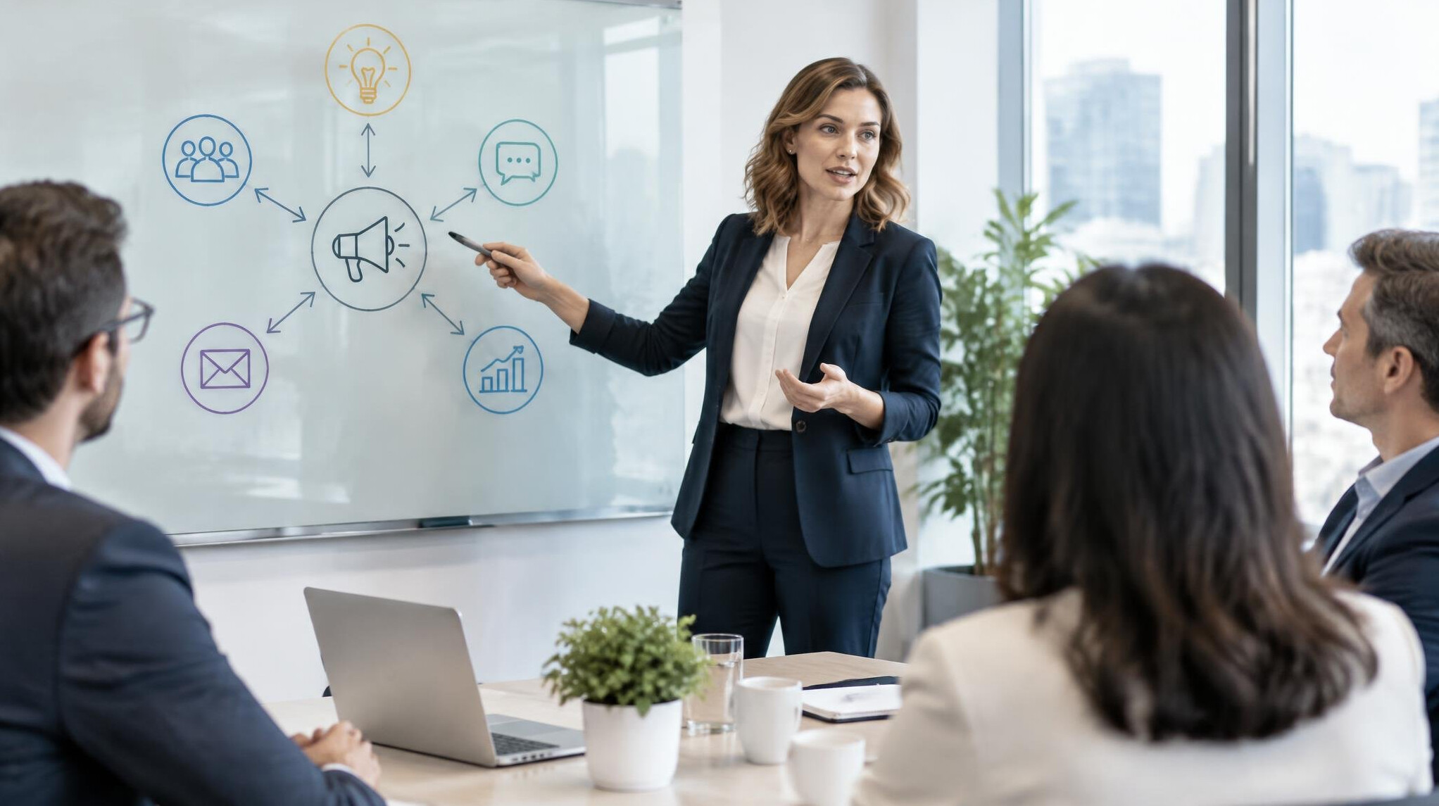 Business professional presenting a strategy on a whiteboard in a modern office